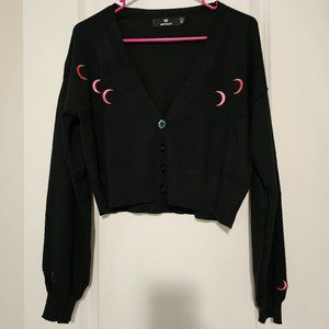 Heartbreak cropped cardigan with celestial embroidery in black and pink